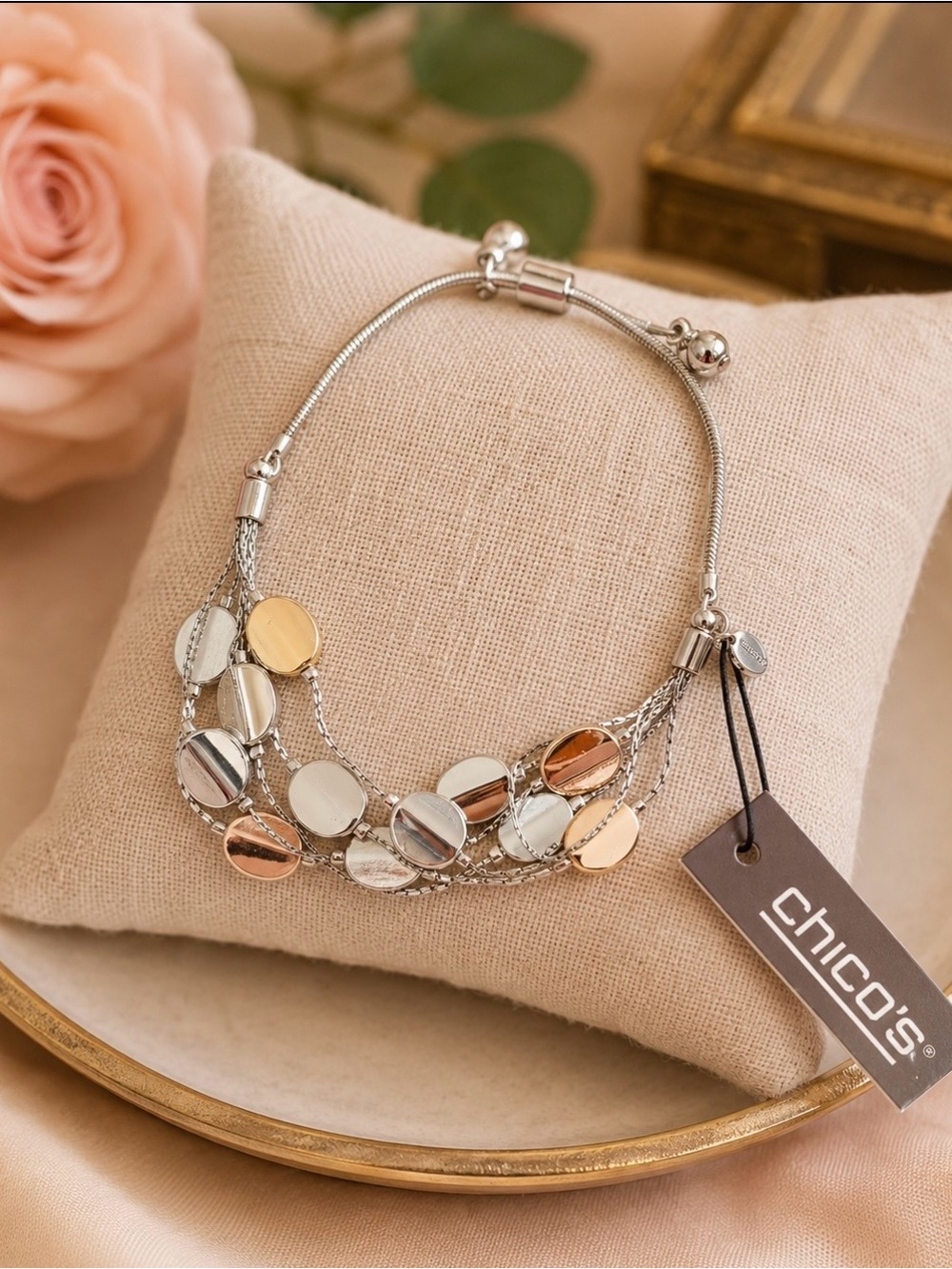 NWT Chico’s Adjustable Rose Dot Gold and Silver Bracelet